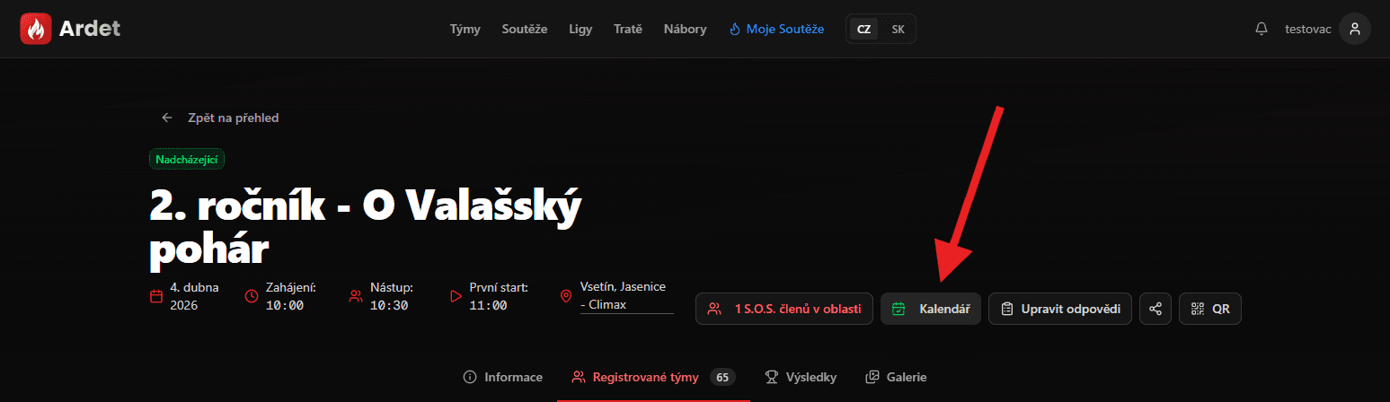 Přidání události do kalendáře z detailu soutěže