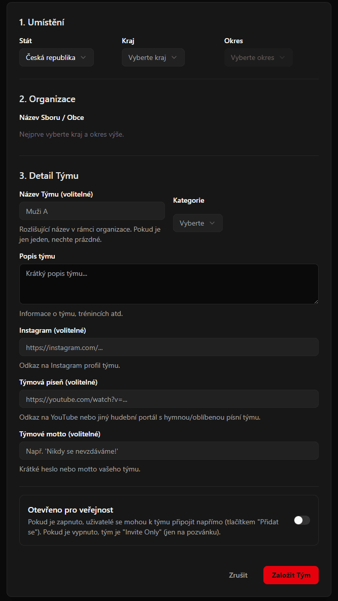 Formulář pro založení týmu