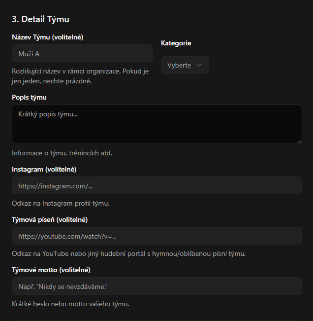 Detailní údaje nového týmu