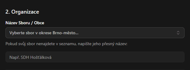 Část formuláře pro výběr organizace