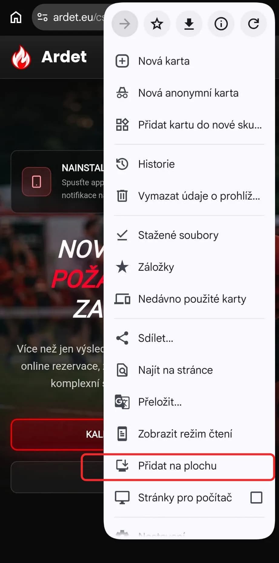 Vyberte „Přidat na plochu“