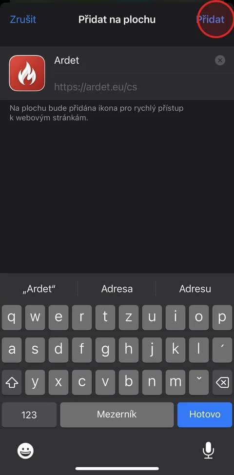 Potvrďte klepnutím na „Přidat“
