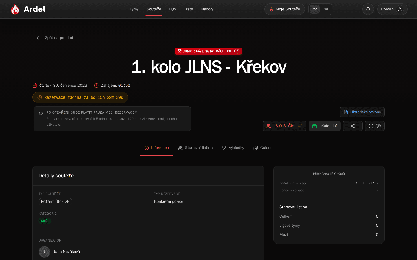 Přidání události do kalendáře z detailu soutěže