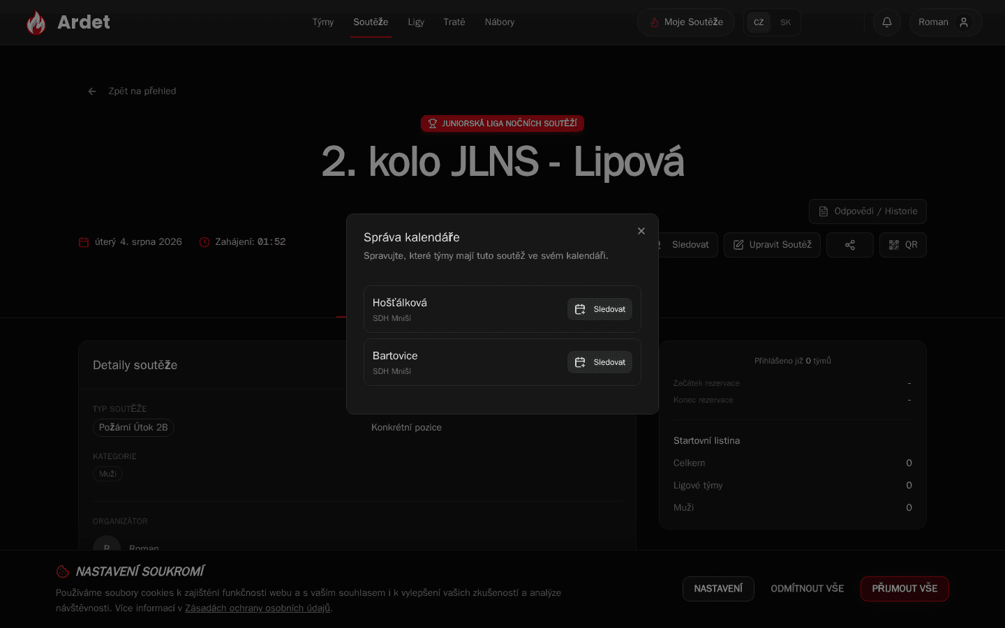 Tlačítko Sledovat pro přidání soutěže do týmového kalendáře