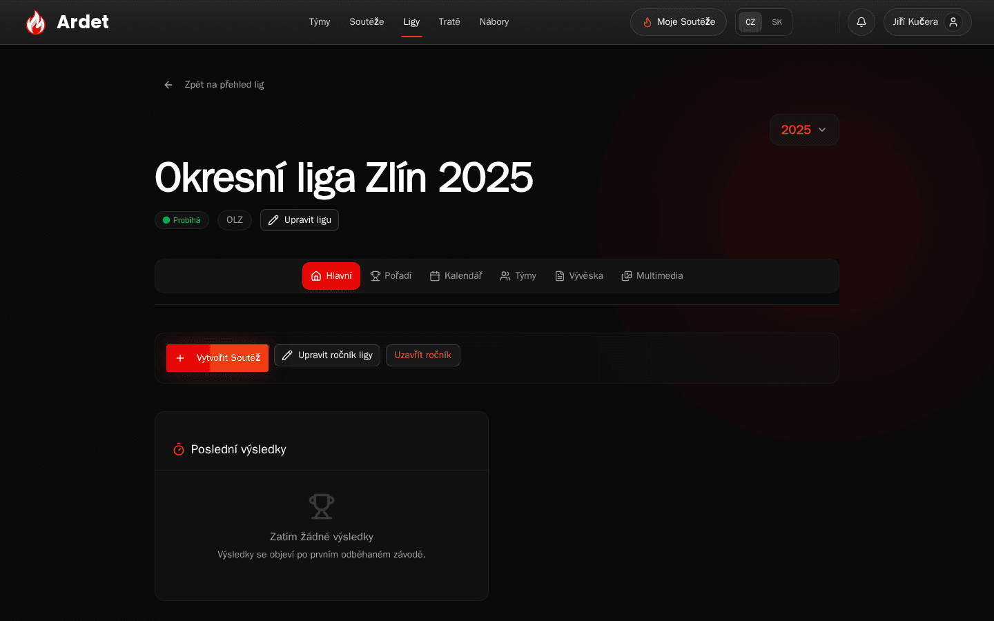 Ovládací prvky správce ligy na detailu ročníku
