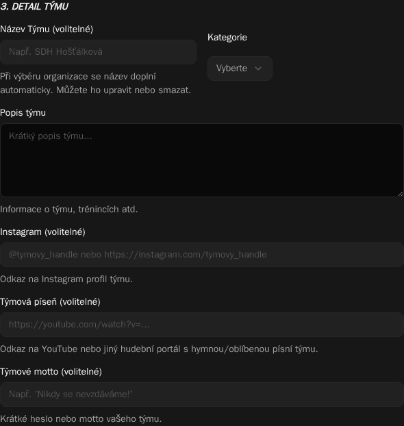 Detailní údaje nového týmu