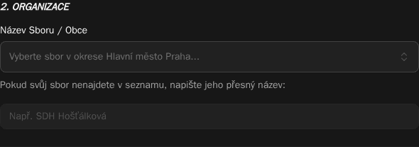 Část formuláře pro výběr organizace