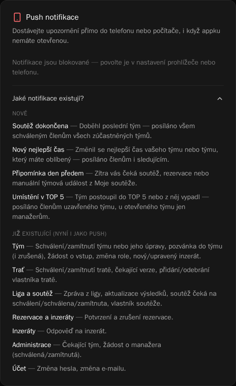 Karta Push notifikace s rozbaleným seznamem Jaké notifikace existují?