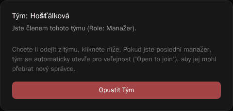 Přehled týmového členství a tlačítko Opustit Tým